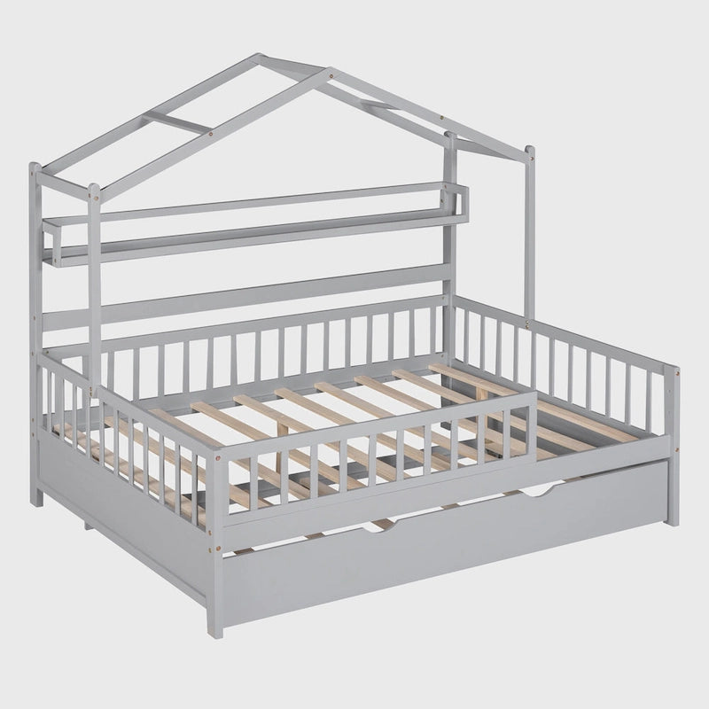 Wooden Full Size House Bed with Twin Size Trundle