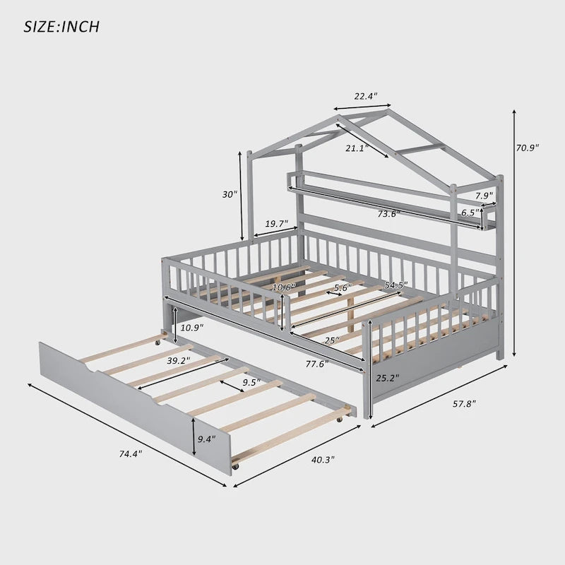 Wooden Full Size House Bed with Twin Size Trundle