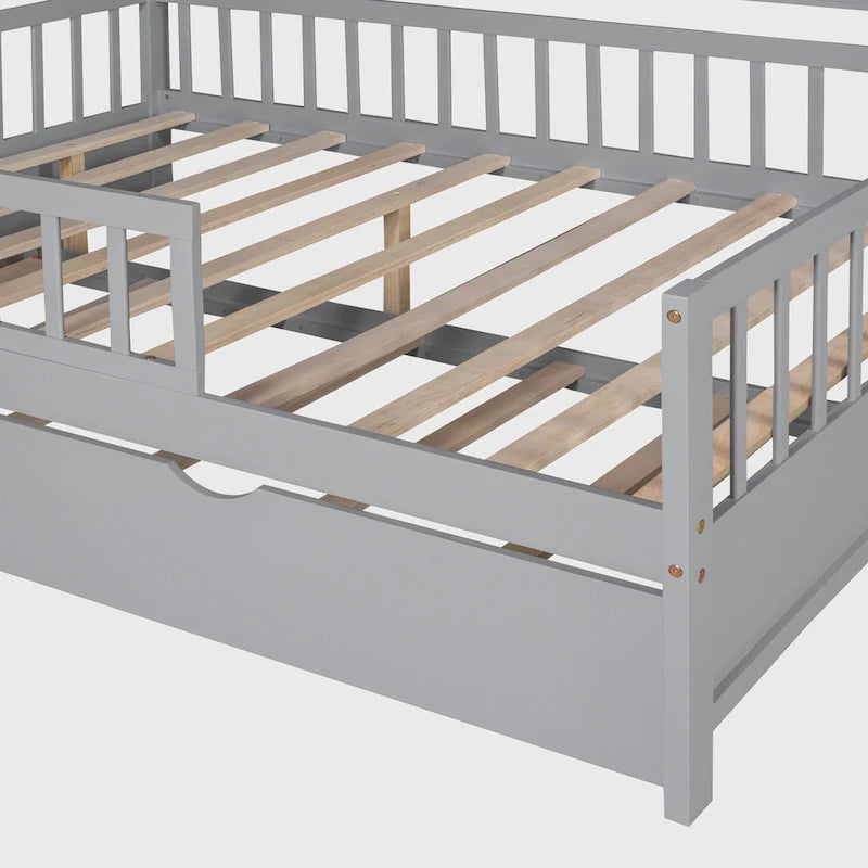 Wooden Full Size House Bed with Twin Size Trundle