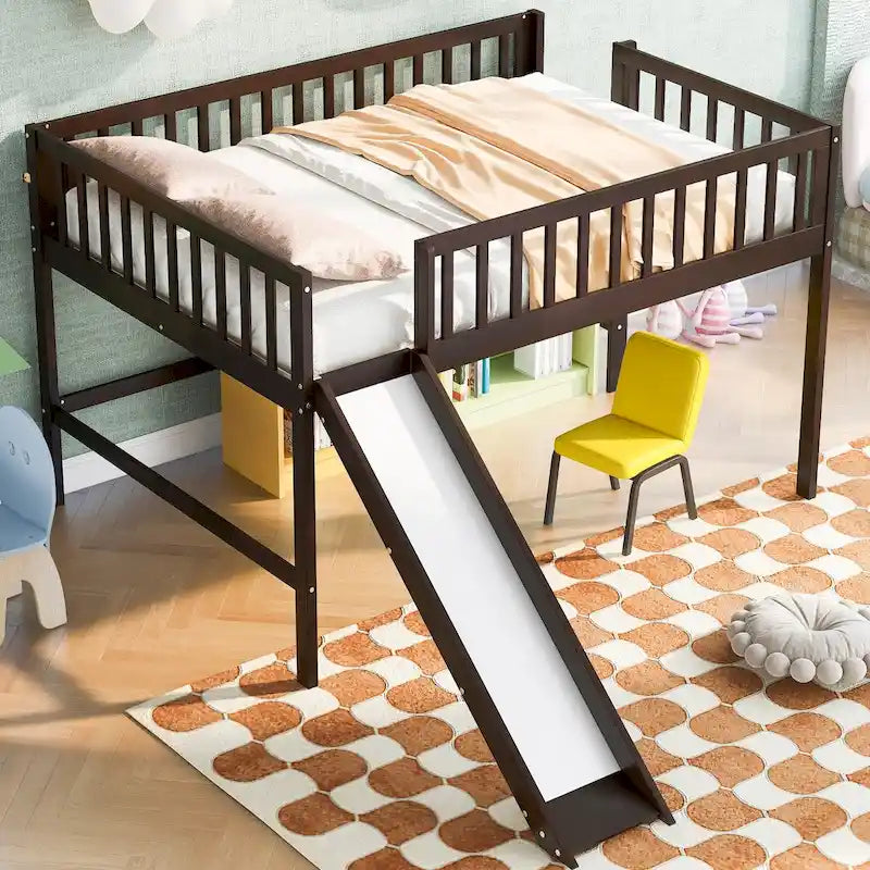 Solid Wood Full Size Low Loft Bed with Ladder and Slide