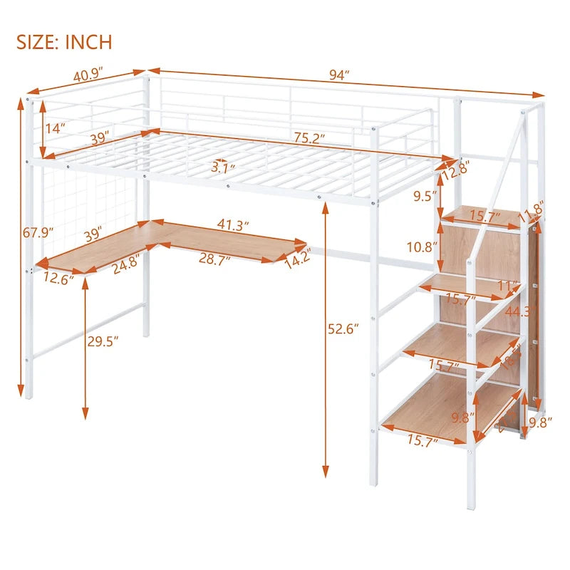 Twin Size Metal Loft Bed with Desk and Metal Grid, Stylish Metal Frame Bed with Lateral Storage Ladder and Wardrobe