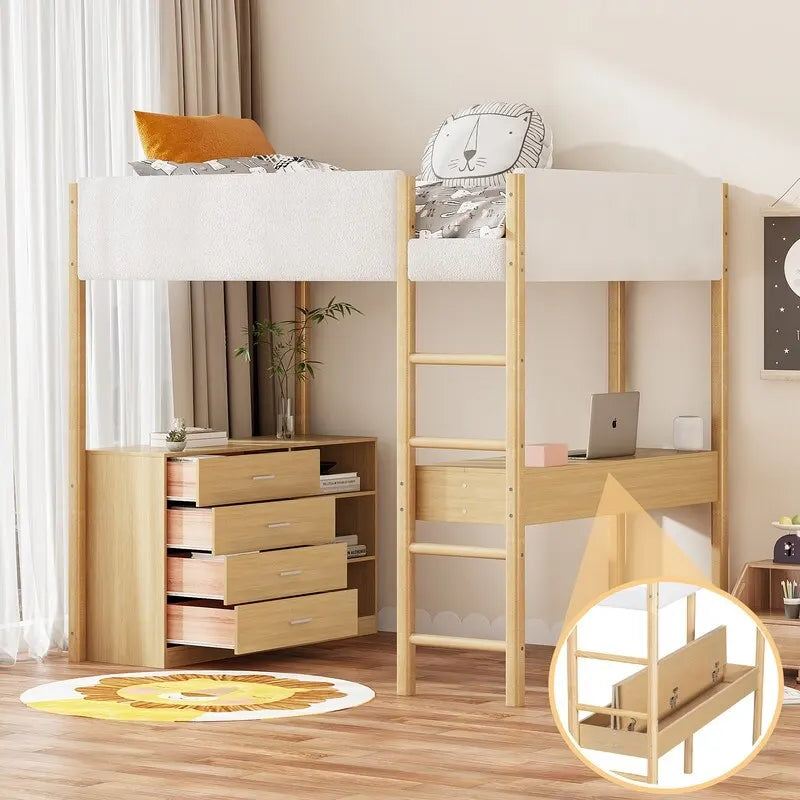 Teddy Fleece Upholstery Loft Bed Wood Bed with Drawers and Convertible Desk