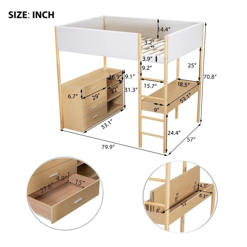 Teddy Fleece Upholstery Loft Bed Wood Bed with Drawers and Convertible Desk