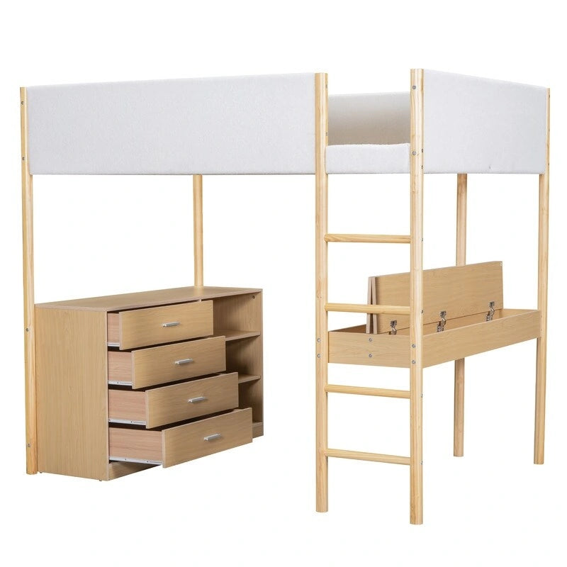 Teddy Fleece Upholstery Loft Bed Wood Bed with Drawers and Convertible Desk