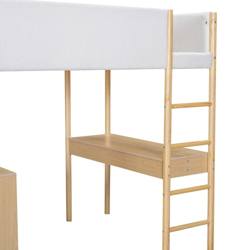 Teddy Fleece Upholstery Loft Bed Wood Bed with Drawers and Convertible Desk