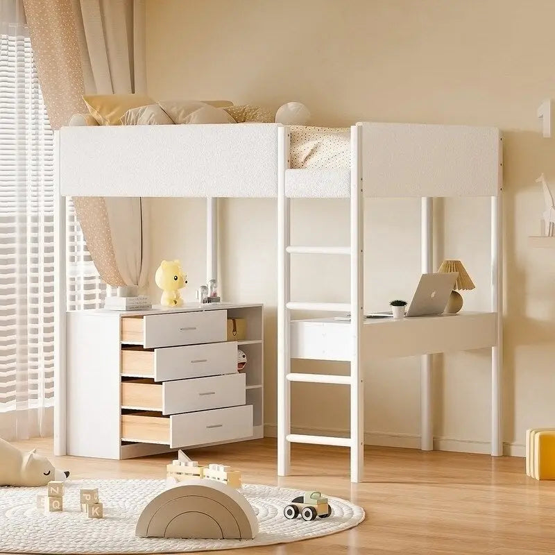 Teddy Fleece Upholstery Loft Bed Wood Bed with Drawers and Convertible Desk