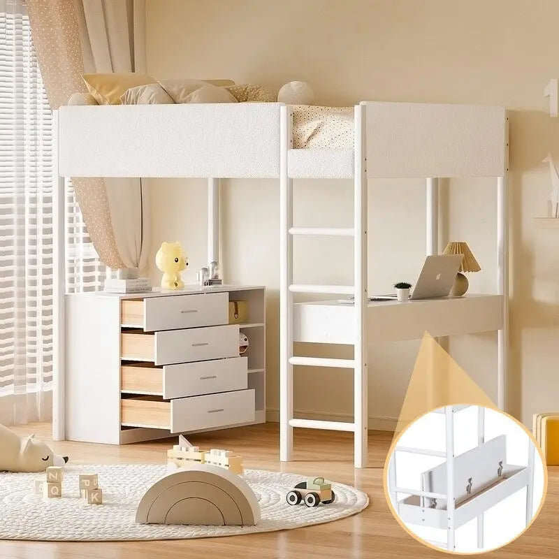 Teddy Fleece Upholstery Loft Bed Wood Bed with Drawers and Convertible Desk