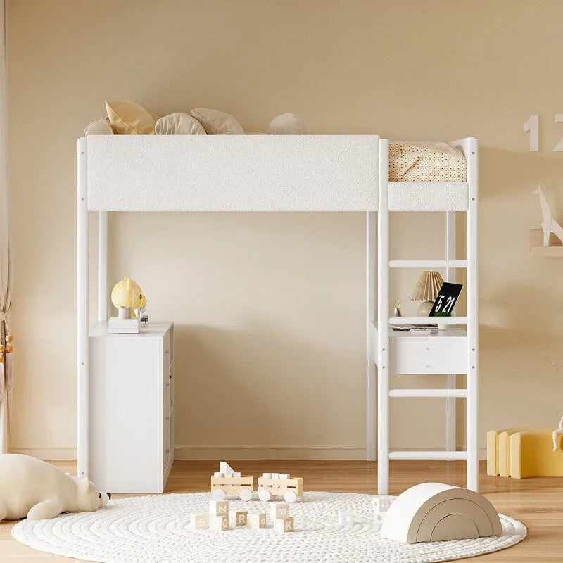 Teddy Fleece Upholstery Loft Bed Wood Bed with Drawers and Convertible Desk