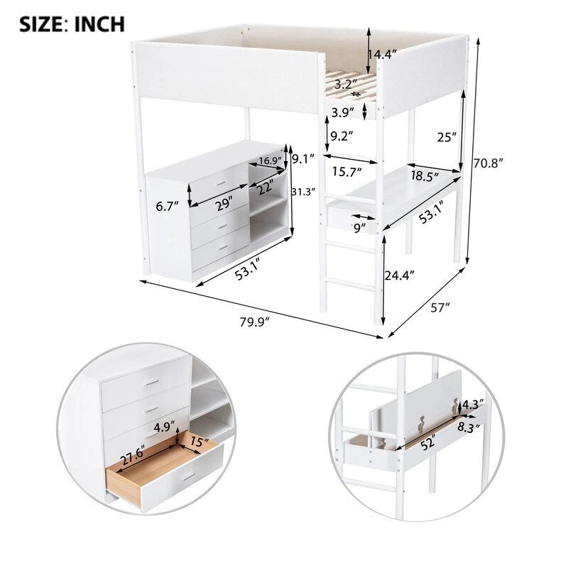 Teddy Fleece Upholstery Loft Bed Wood Bed with Drawers and Convertible Desk