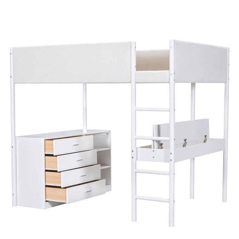 Teddy Fleece Upholstery Loft Bed Wood Bed with Drawers and Convertible Desk