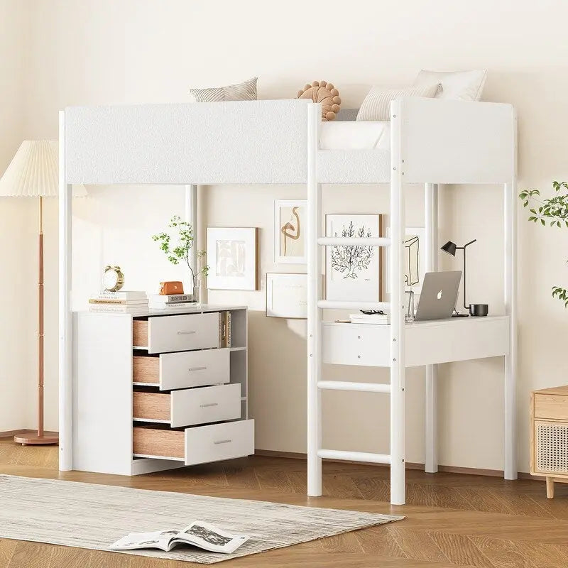 Teddy Fleece Upholstery Loft Bed Wood Bed with Drawers and Convertible Desk