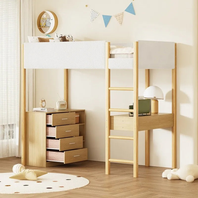 Teddy Fleece Upholstery Loft Bed Wood Bed with Drawers and Convertible Desk