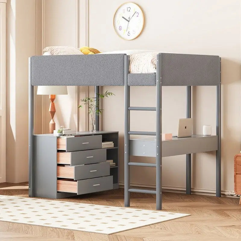 Teddy Fleece Upholstery Loft Bed Wood Bed with Drawers and Convertible Desk