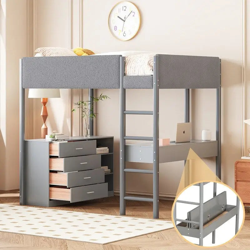 Teddy Fleece Upholstery Loft Bed Wood Bed with Drawers and Convertible Desk