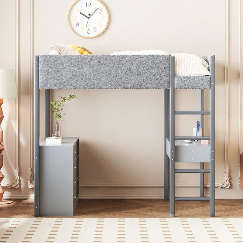Teddy Fleece Upholstery Loft Bed Wood Bed with Drawers and Convertible Desk