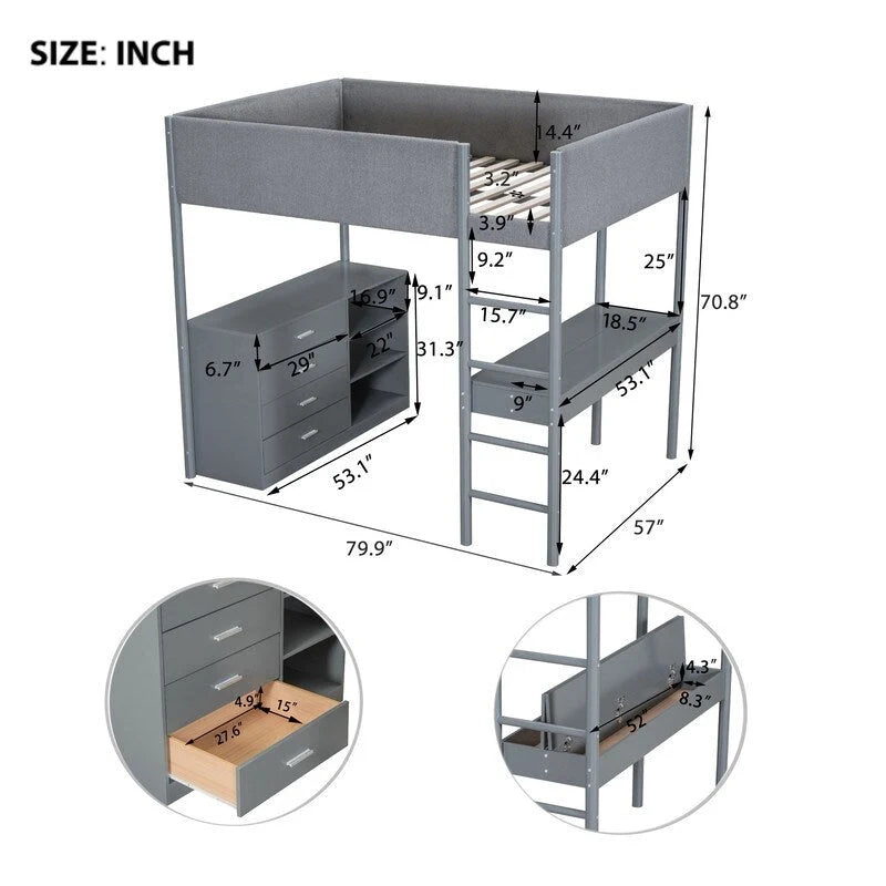 Teddy Fleece Upholstery Loft Bed Wood Bed with Drawers and Convertible Desk