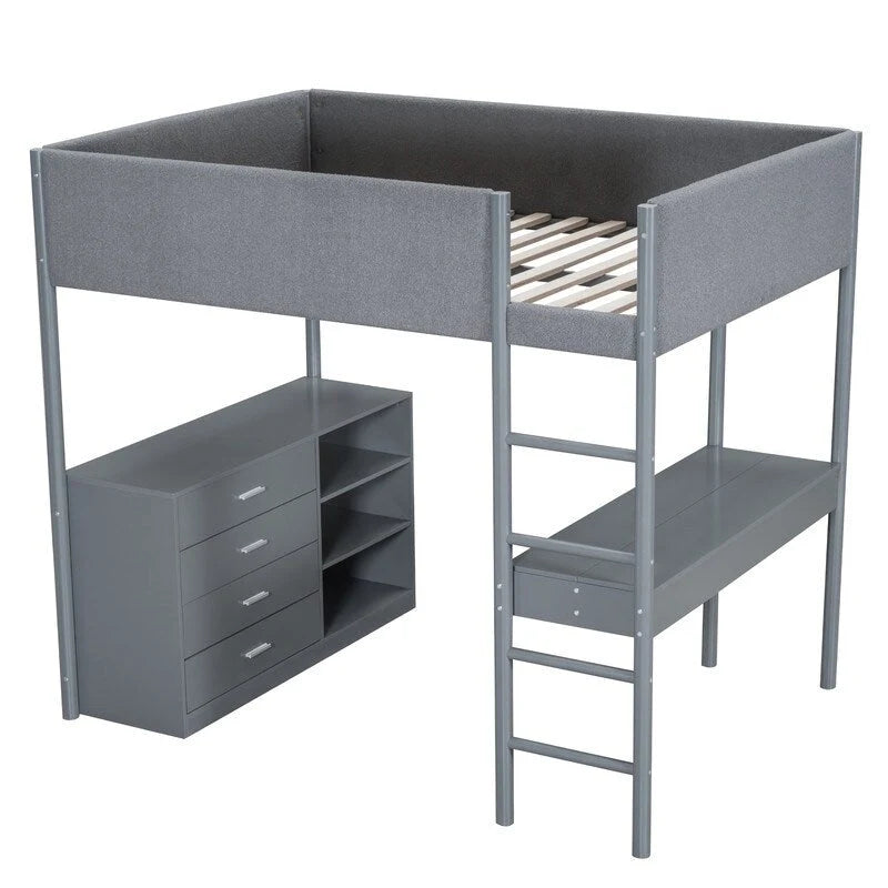 Teddy Fleece Upholstery Loft Bed Wood Bed with Drawers and Convertible Desk