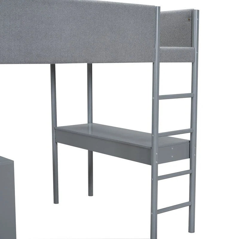 Teddy Fleece Upholstery Loft Bed Wood Bed with Drawers and Convertible Desk