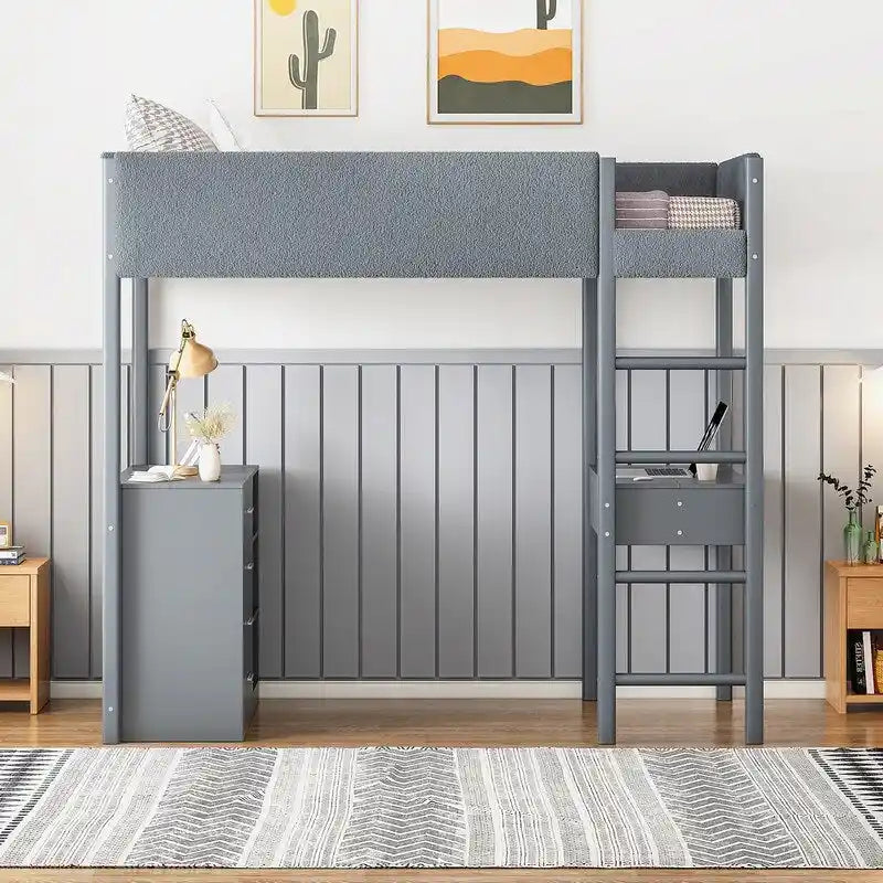 Teddy Fleece Upholstery Loft Bed Wood Bed with Drawers and Convertible Desk