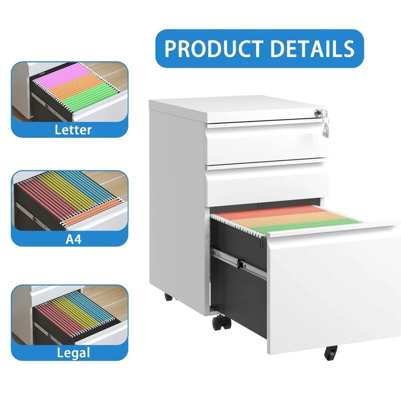 3 Drawer Mobile Metal Filing Cabinets with Lock for Home Office,Letters/Legal/A4