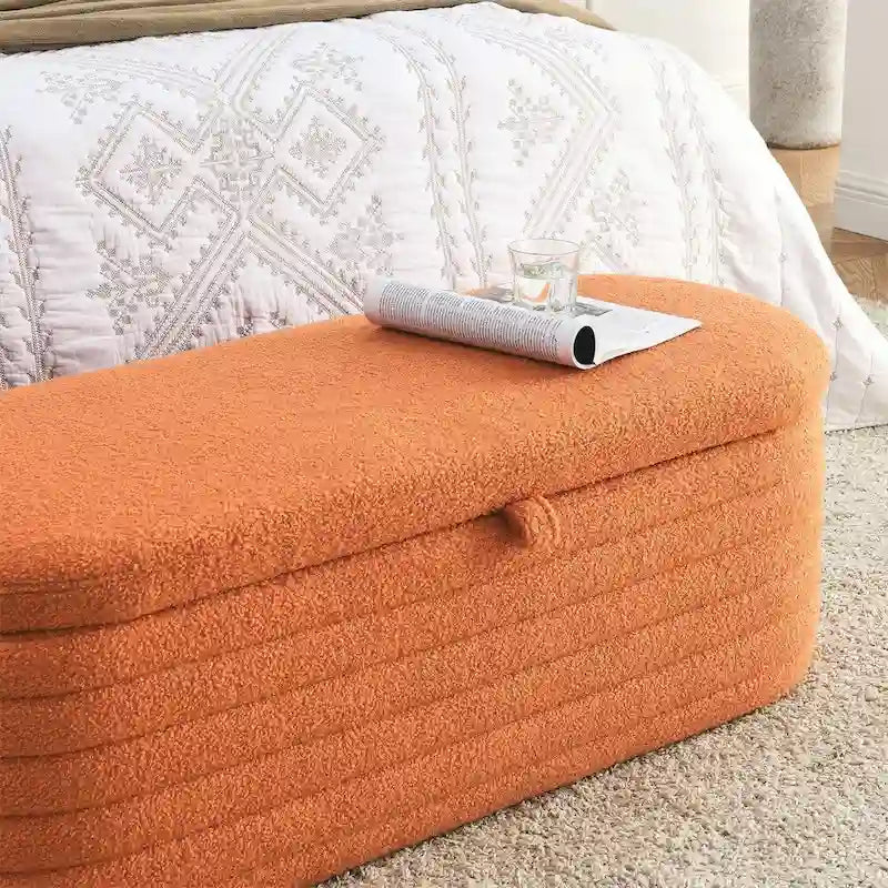 Storage Ottoman Bench Upholstered Storage Bench End of Bed Stool w/Safety Hinge