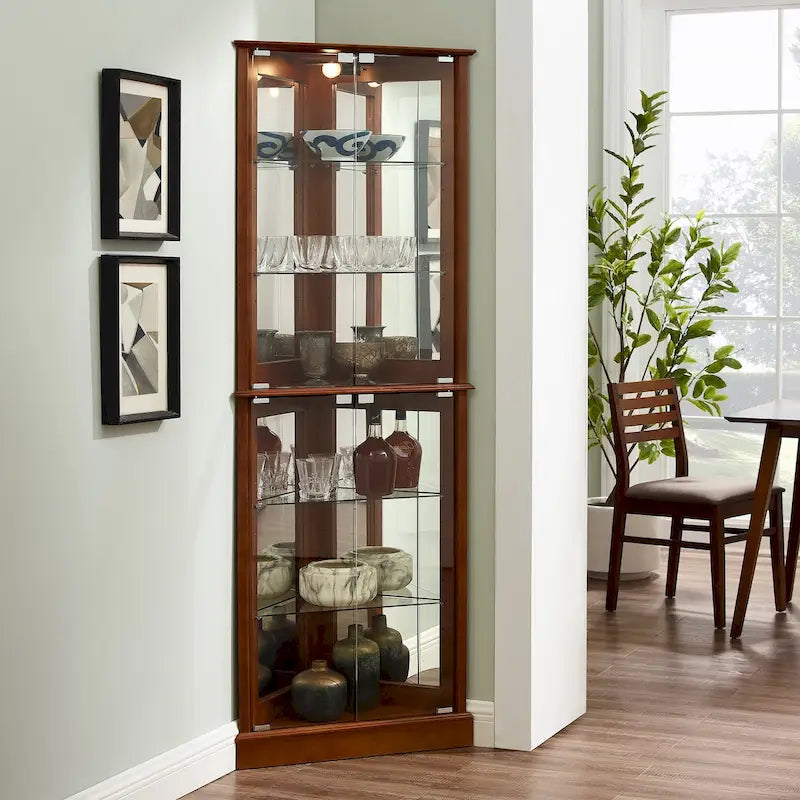 Corner Curio Dispaly Cabinet with Lights, Adjustable Tempered Glass Shelves, Mirrored Back