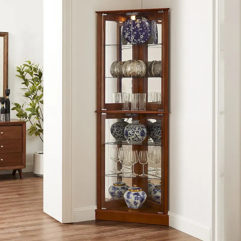 Corner Curio Dispaly Cabinet with Lights, Adjustable Tempered Glass Shelves, Mirrored Back