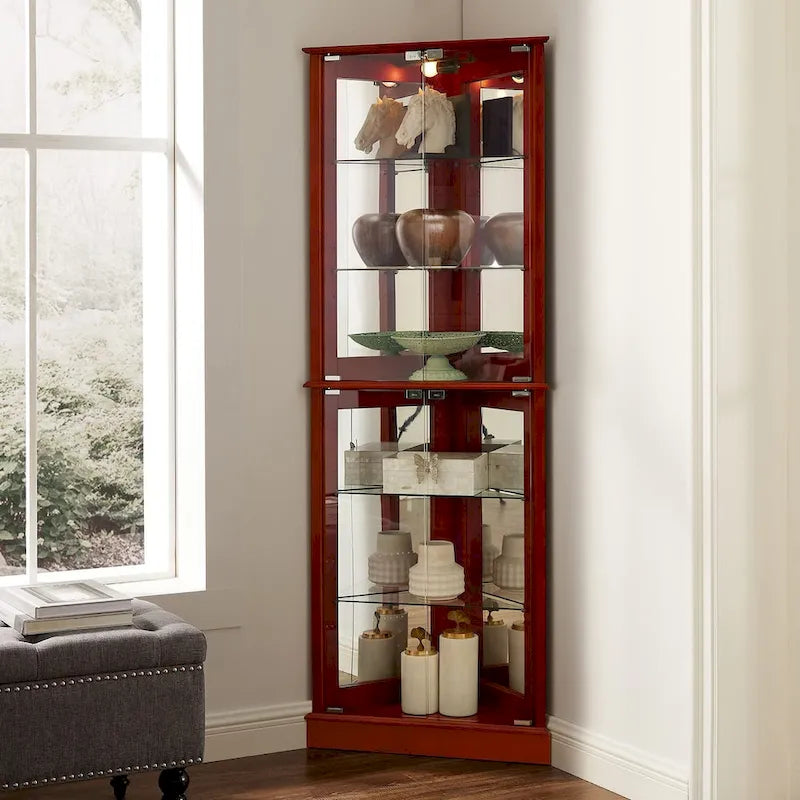 Corner Curio Dispaly Cabinet with Lights, Adjustable Tempered Glass Shelves, Mirrored Back