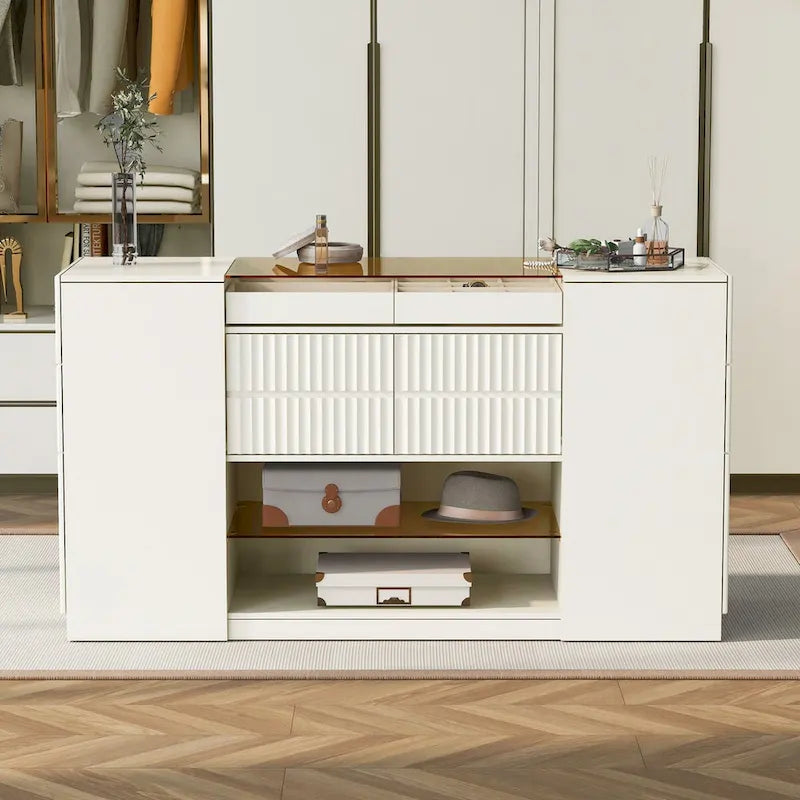 Multi-Functional Island Vanity Dresser and Storage Cabinet with Glass Tabletop, Display Shelf,6 Drawers