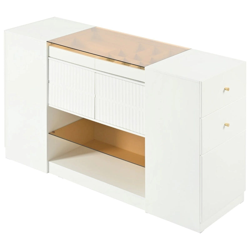 Multi-Functional Island Vanity Dresser and Storage Cabinet with Glass Tabletop, Display Shelf,6 Drawers