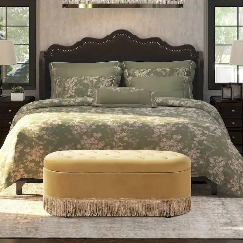 Melinda 48.5 Upholstered Tufted Oval Storage Bench with Bullion Fringe
