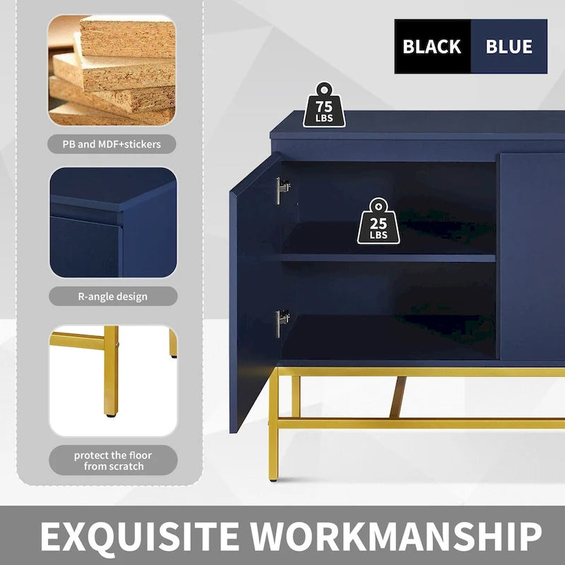 Minimalist & Luxury Cabinet Two Door Sideboard with Gold Metal Legs for Living Room, Dining Room