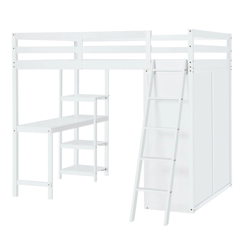 Full Size Loft Bed with Wardrobe and Desk and Shelves