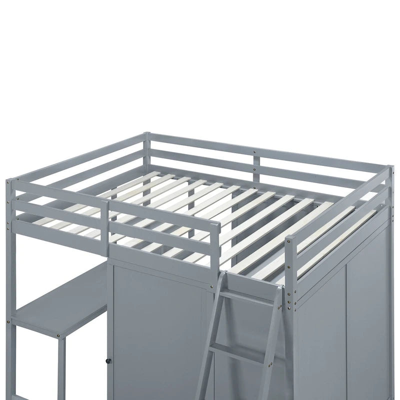 Full Size Loft Bed with Wardrobe and Desk and Shelves