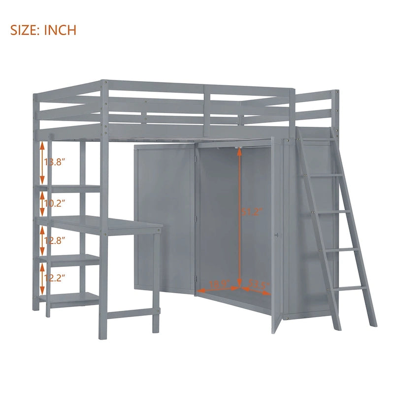 Full Size Loft Bed with Wardrobe and Desk and Shelves