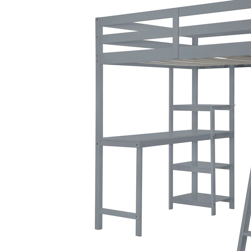 Full Size Loft Bed with Wardrobe and Desk and Shelves
