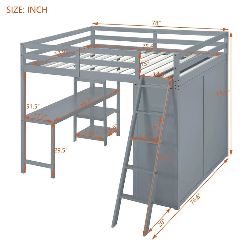 Full Size Loft Bed with Wardrobe and Desk and Shelves