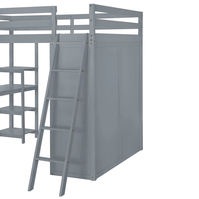 Full Size Loft Bed with Wardrobe and Desk and Shelves
