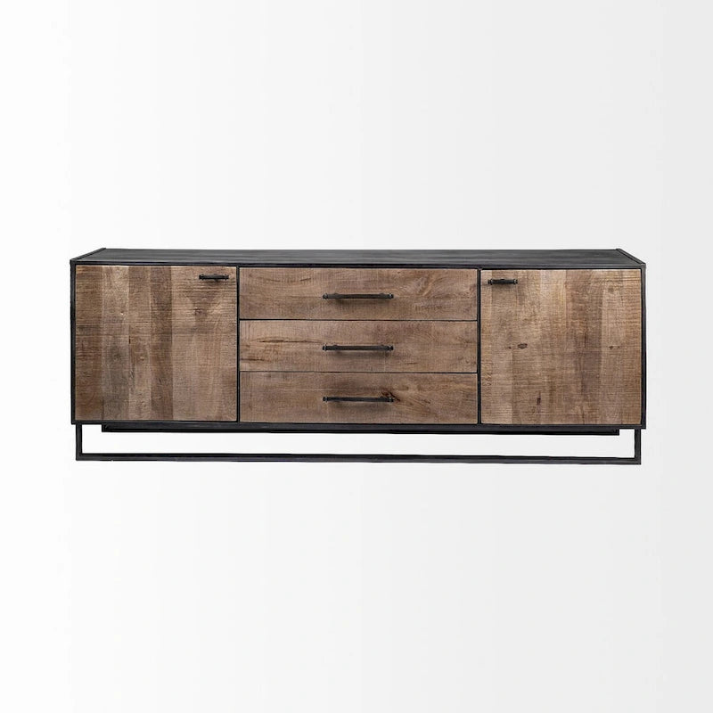 Alvin Brown Solid Wood With Black Metal Frame 3 Drawer 2 Cabinet Door Sideboard - 82.0L x 20.0W x 30.0H
