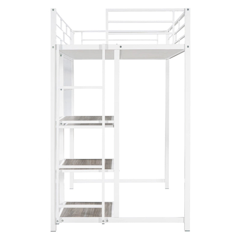 White Twin Metal Loft Bed with Desk & Shelves