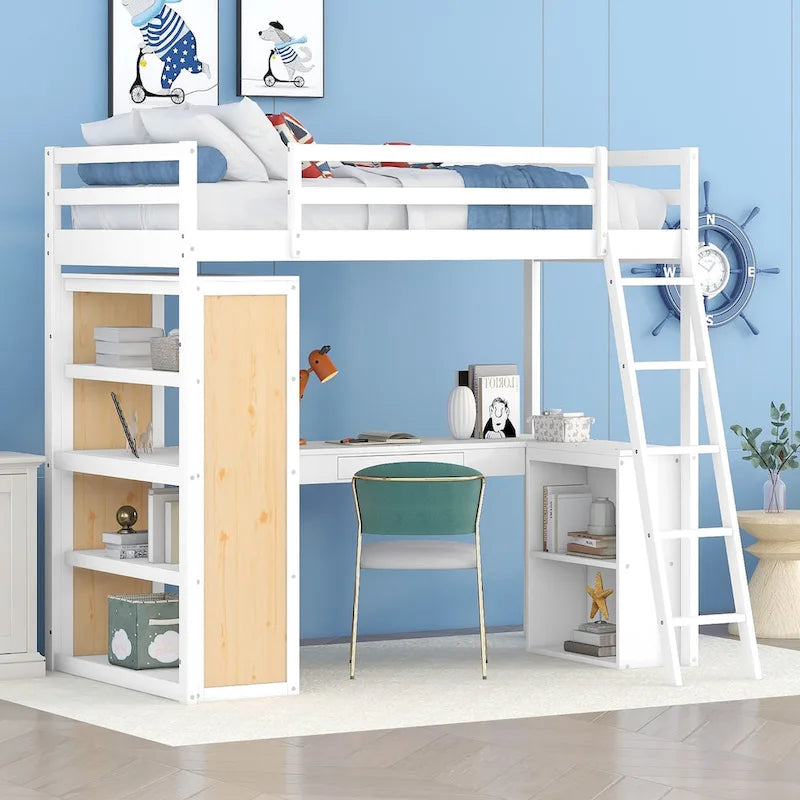 Twin Size Loft Bed with Ladder, Shelves, and Desk