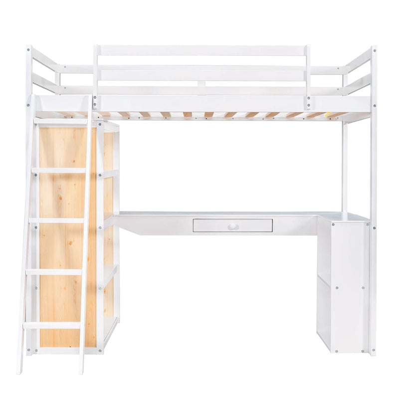 Twin Size Loft Bed with Ladder, Shelves, and Desk