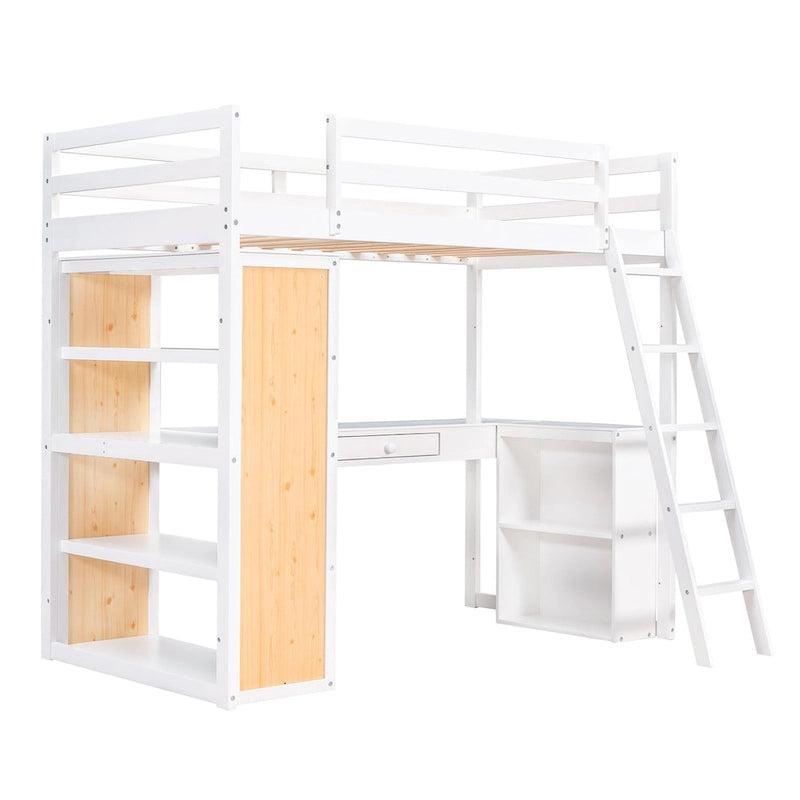 Twin Size Loft Bed with Ladder, Shelves, and Desk