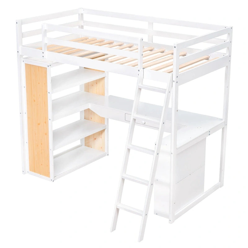 Twin Size Loft Bed with Ladder, Shelves, and Desk