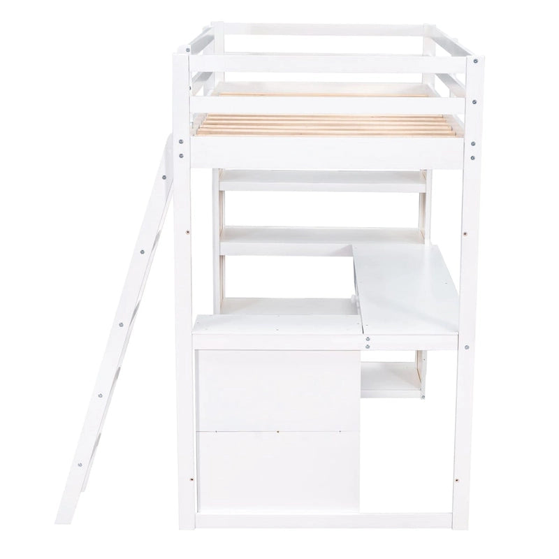 Twin Size Loft Bed with Ladder, Shelves, and Desk