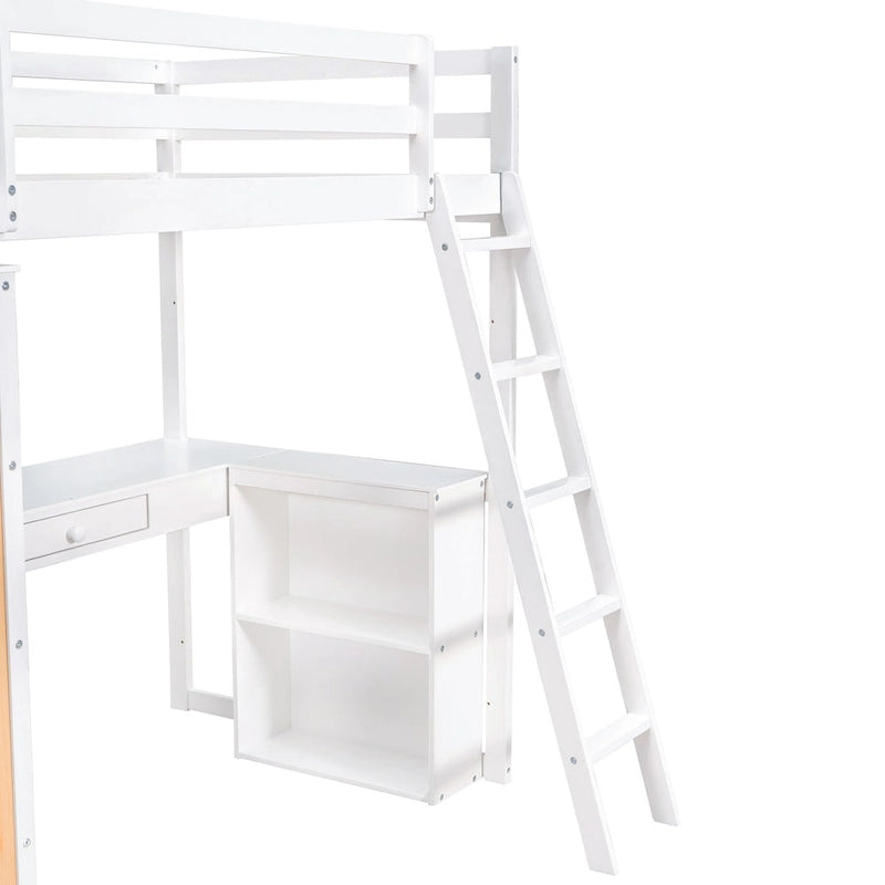 Twin Size Loft Bed with Ladder, Shelves, and Desk