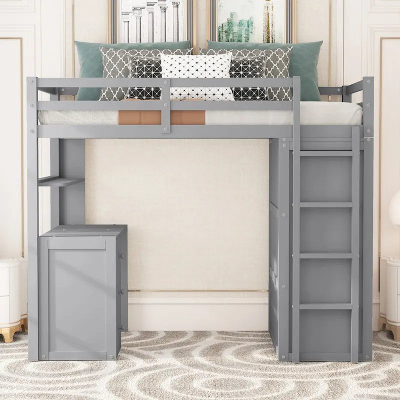 Twin size Loft Bed with Drawers,Desk,and Wardrobe