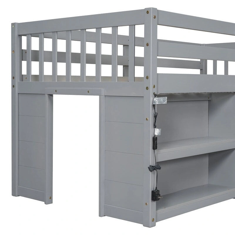 Twin Size Kid Low Loft Bed With Two-Tier Shelves And LED Light