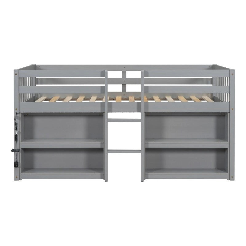 Twin Size Kid Low Loft Bed With Two-Tier Shelves And LED Light