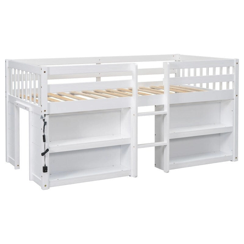 Twin Size Kid Low Loft Bed With Two-Tier Shelves And LED Light